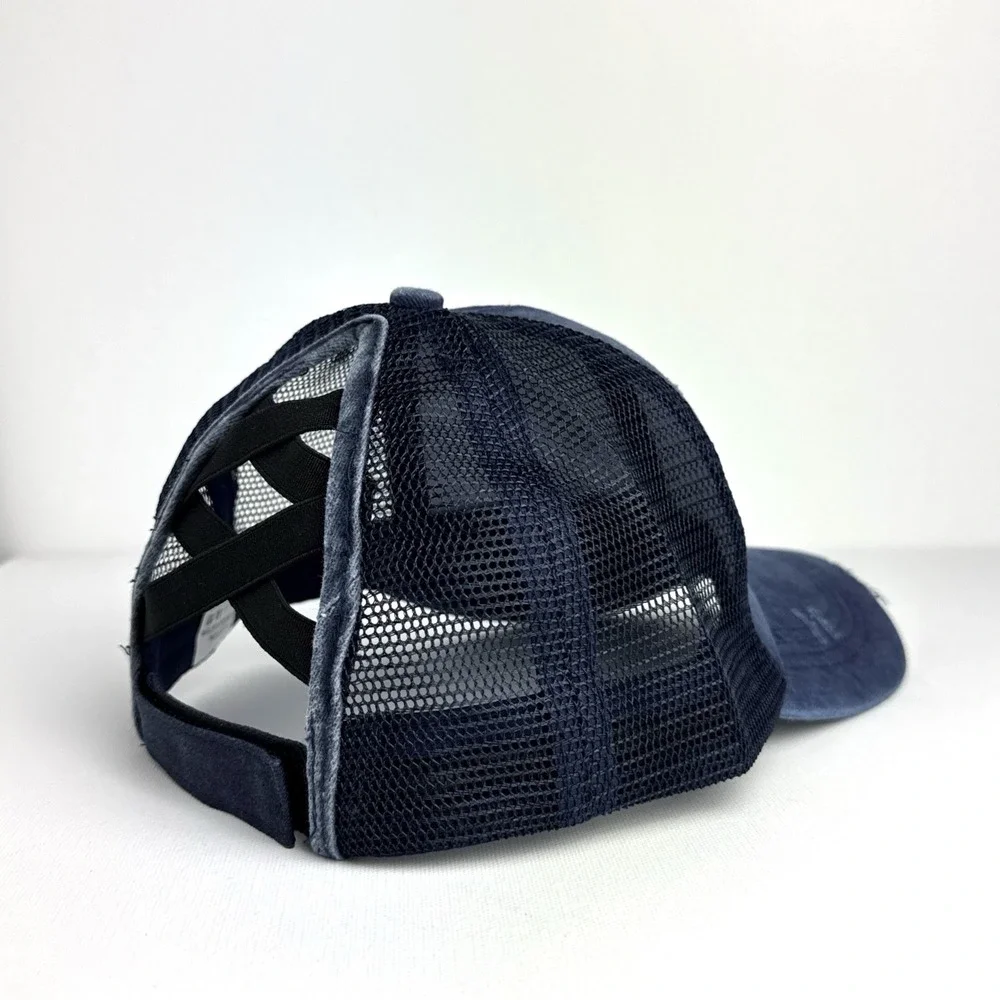 Women's‎ PonyTail Hat Blue Distressed Washed Denim Criss Cross Mesh Baseball Cap
